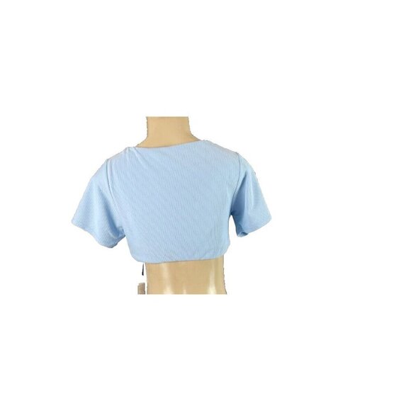 Swimsuits For All L Blue Ribbed Lined Scoop Neckline Short Sleeve Crop Swim Top - Picture 5 of 6